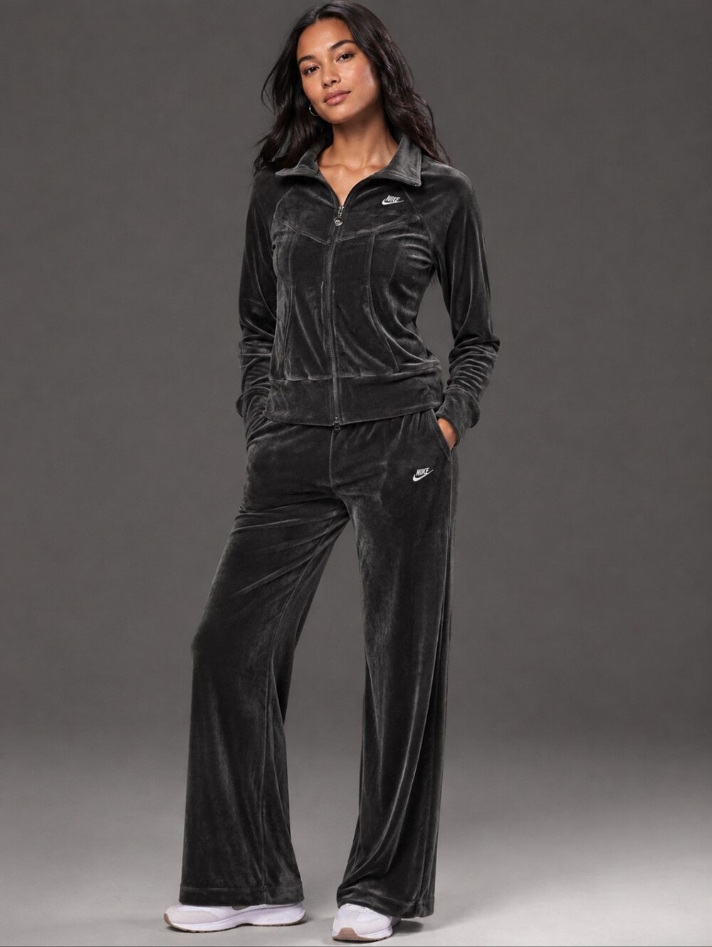 Nike Velour Tracksuit Set Charcoal Gray Full Zip Wide Leg Small